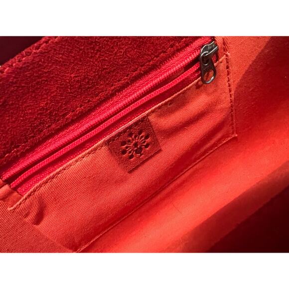 Crewel Embroidered Suede Floral Wood Handle Boho Hippie Art To Wear Clutch Purse - Picture 8 of 8